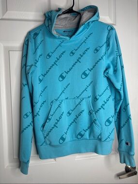 Champion Aqua Blue Allover Logo Hoodie